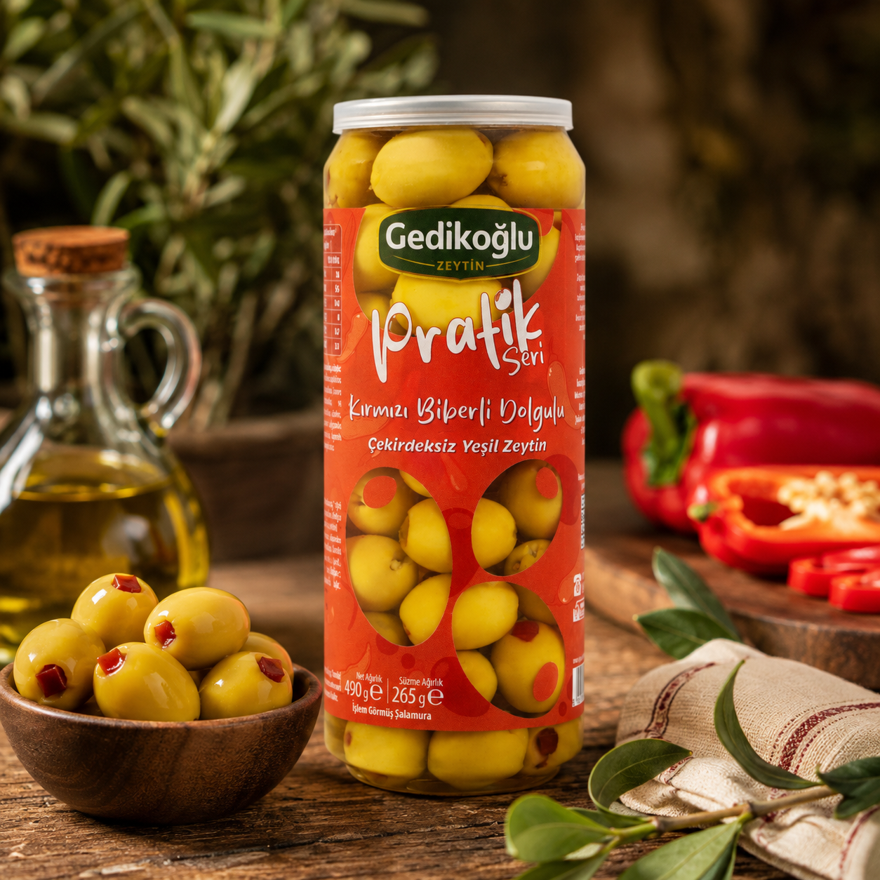 Kırmızı Biberli Dolgulu Çekirdeksiz Yeşil Zeytin
