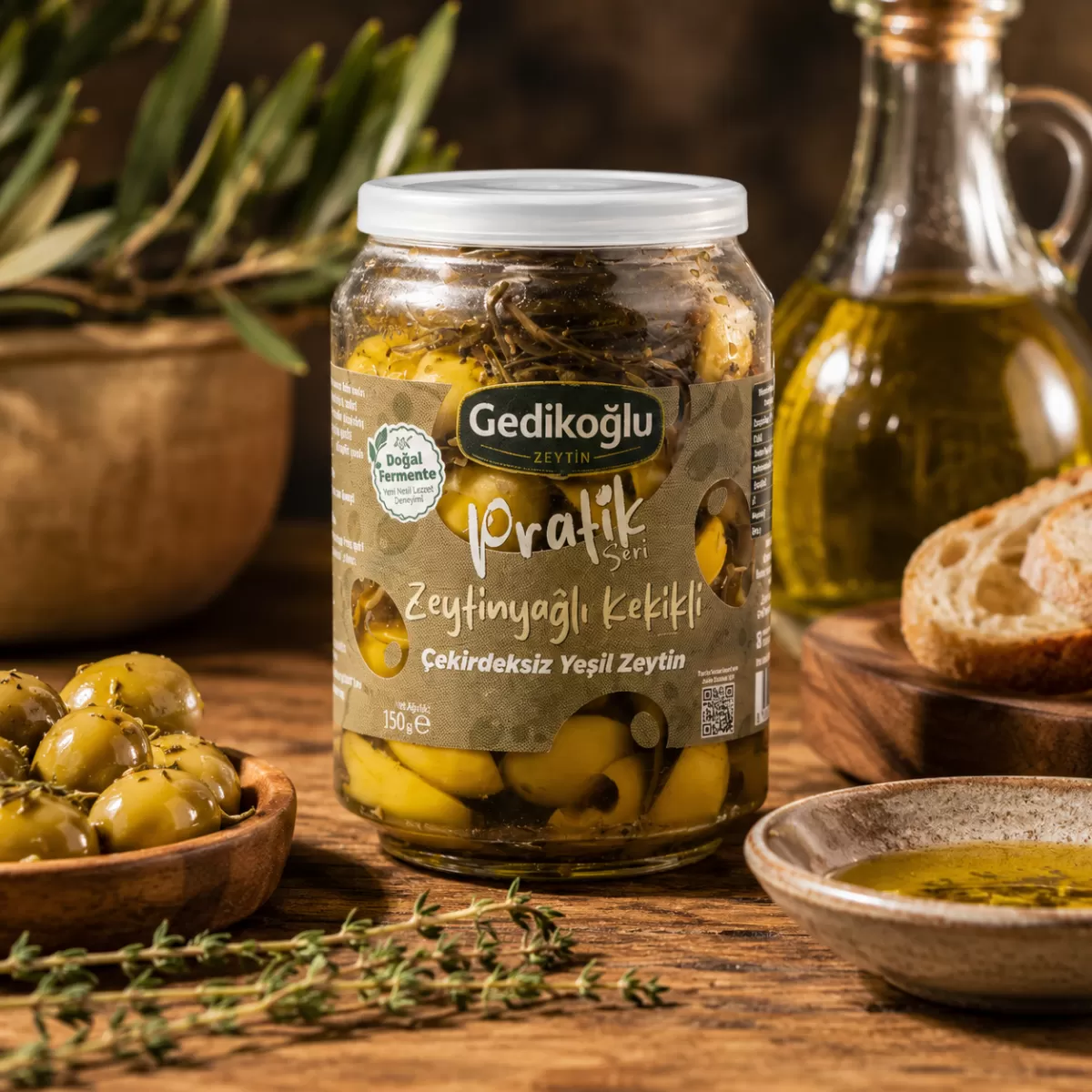 Zeytinyağlı Kekikli Çekirdeksiz Yeşil Zeytin